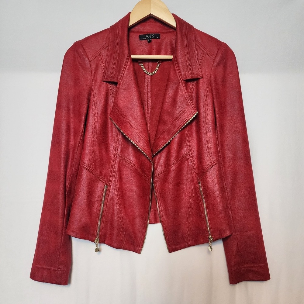 Vex Collection Faux Leather Moto Biker Jacket Metallic Red Size S